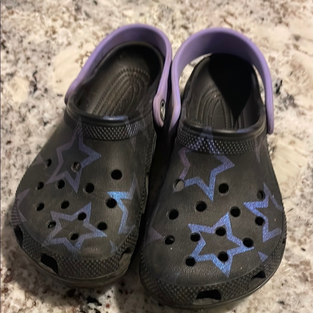 CROCS Black and Purple Stars size J2
